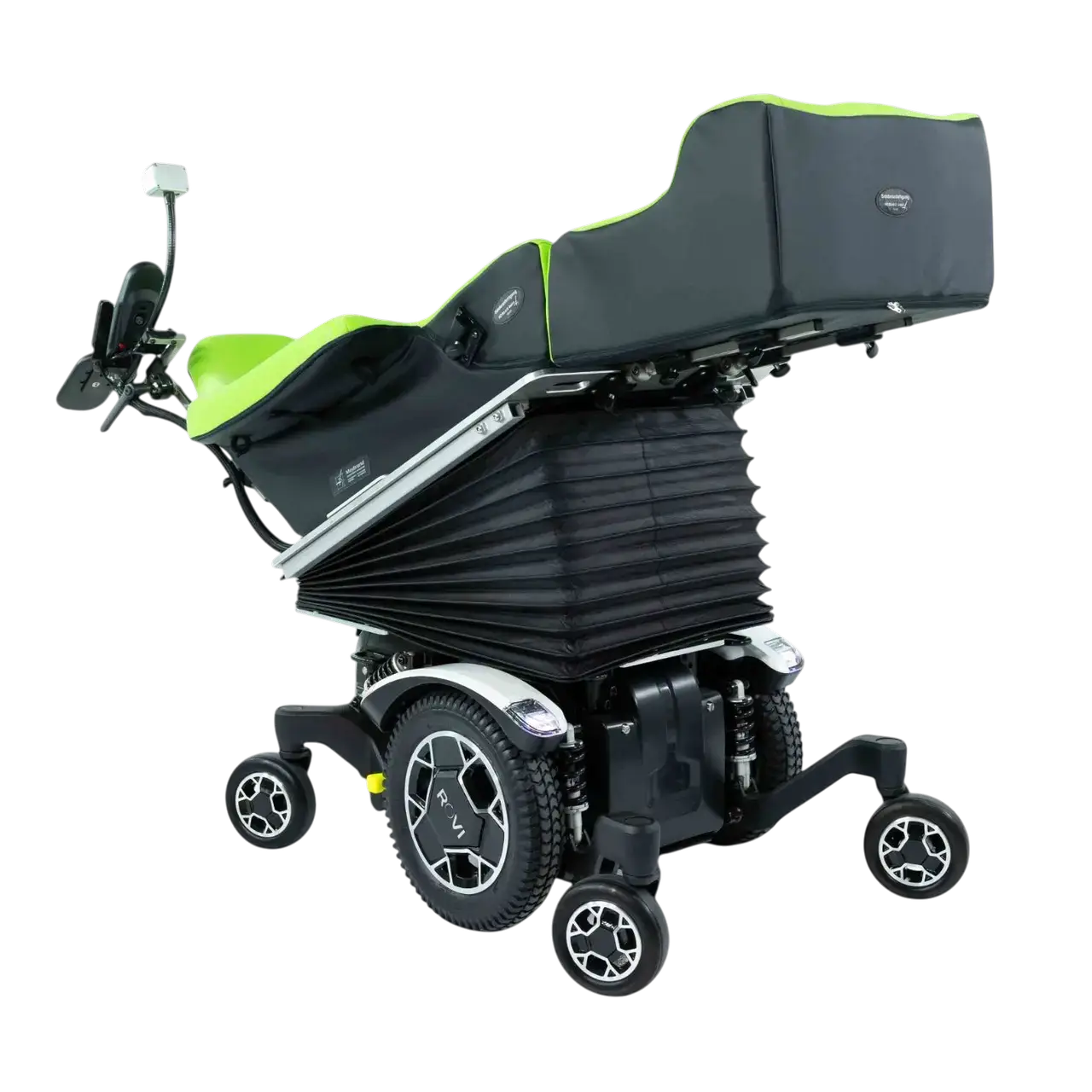 Der COSEATadapt, welcher sehr weit nach hinten geneigt ist. Auf der ROVI-Basis mit sechs Rädern ist er in jeder Lage stabil. Montiert ist eine Liegeschale von Meybrand.